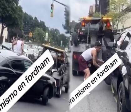Repo Gone Wrong: Bronx Dude Tries To Get His Car Back Off A Moving Tow Truck On Fordham Road And Failed Miserably!